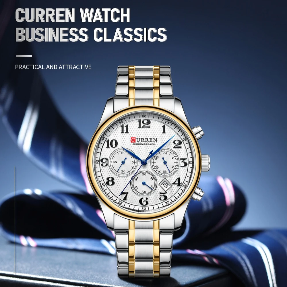 Curren 8466 Luxury Men's Watch Steel Strip Quartz Waterproof Calendar Chronograph Luminous Watches for Men Relogios Masculino