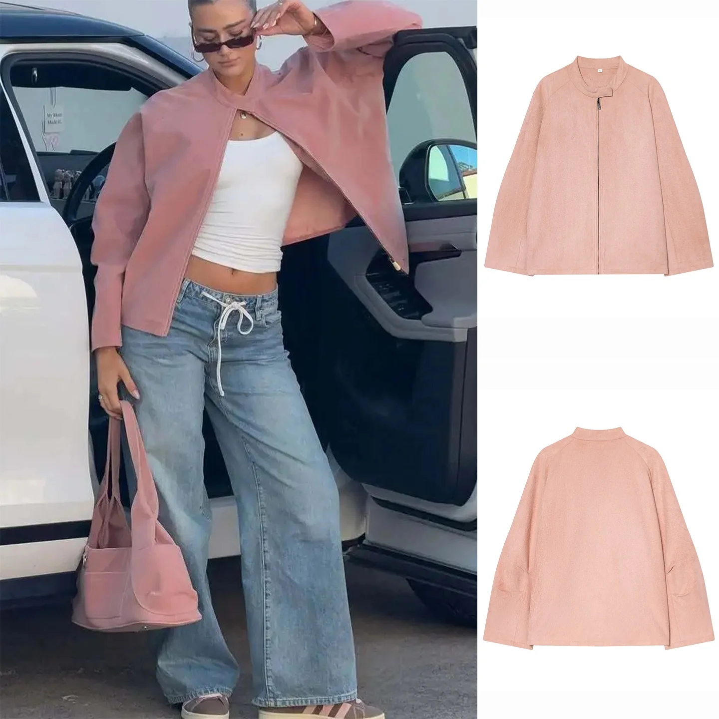 

Женское замшевое пальто Mat Sle Jaet, свободное пальто с воротником на молнии, длинное све, осень-зима, Новое поступление, женская верхняя одежда