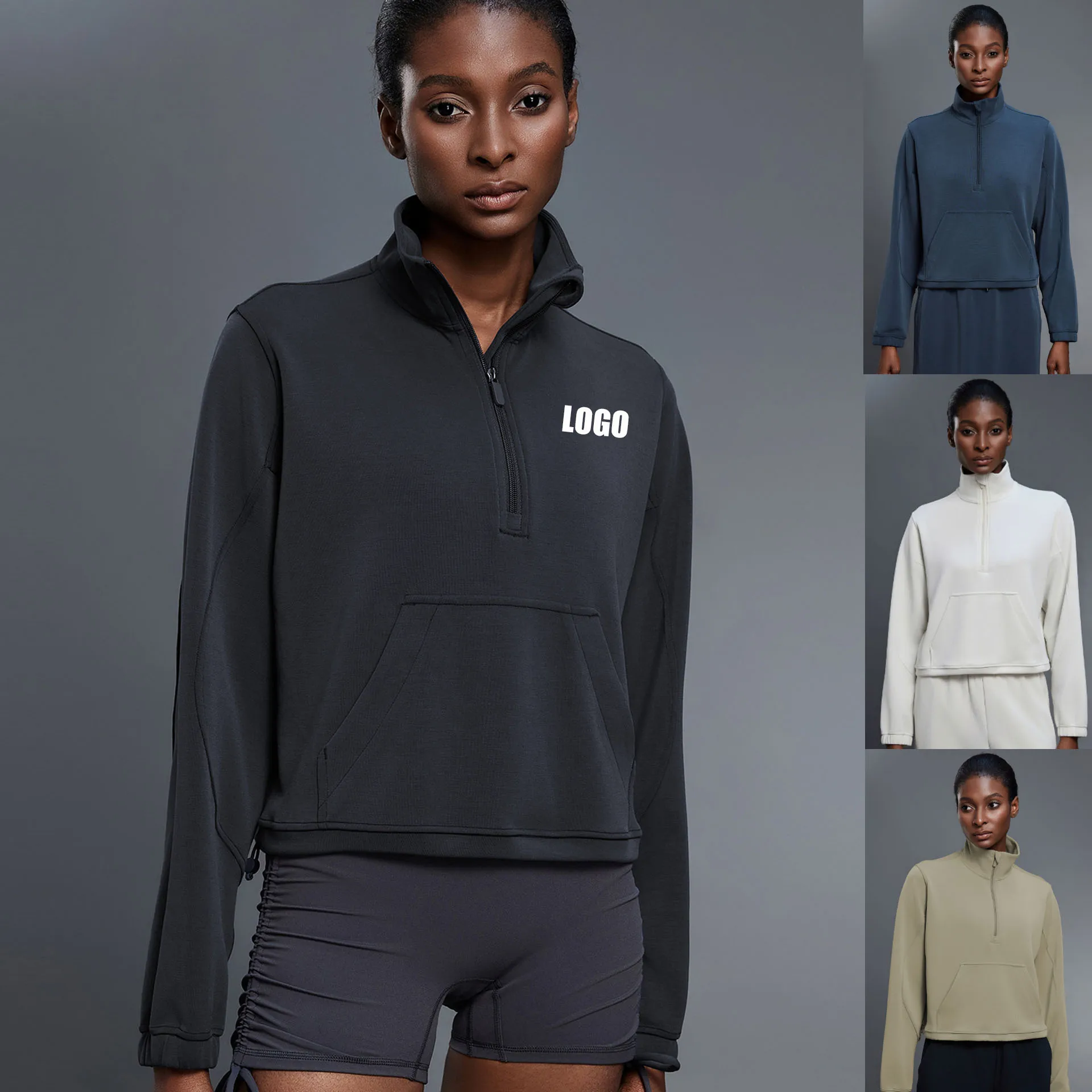 

Новый женский повседневный свободный осенний ветрозащитный топ с воротником-стойкой и шнурком на полумолнии для фитнеса, спортивный топ с длинными рукавами