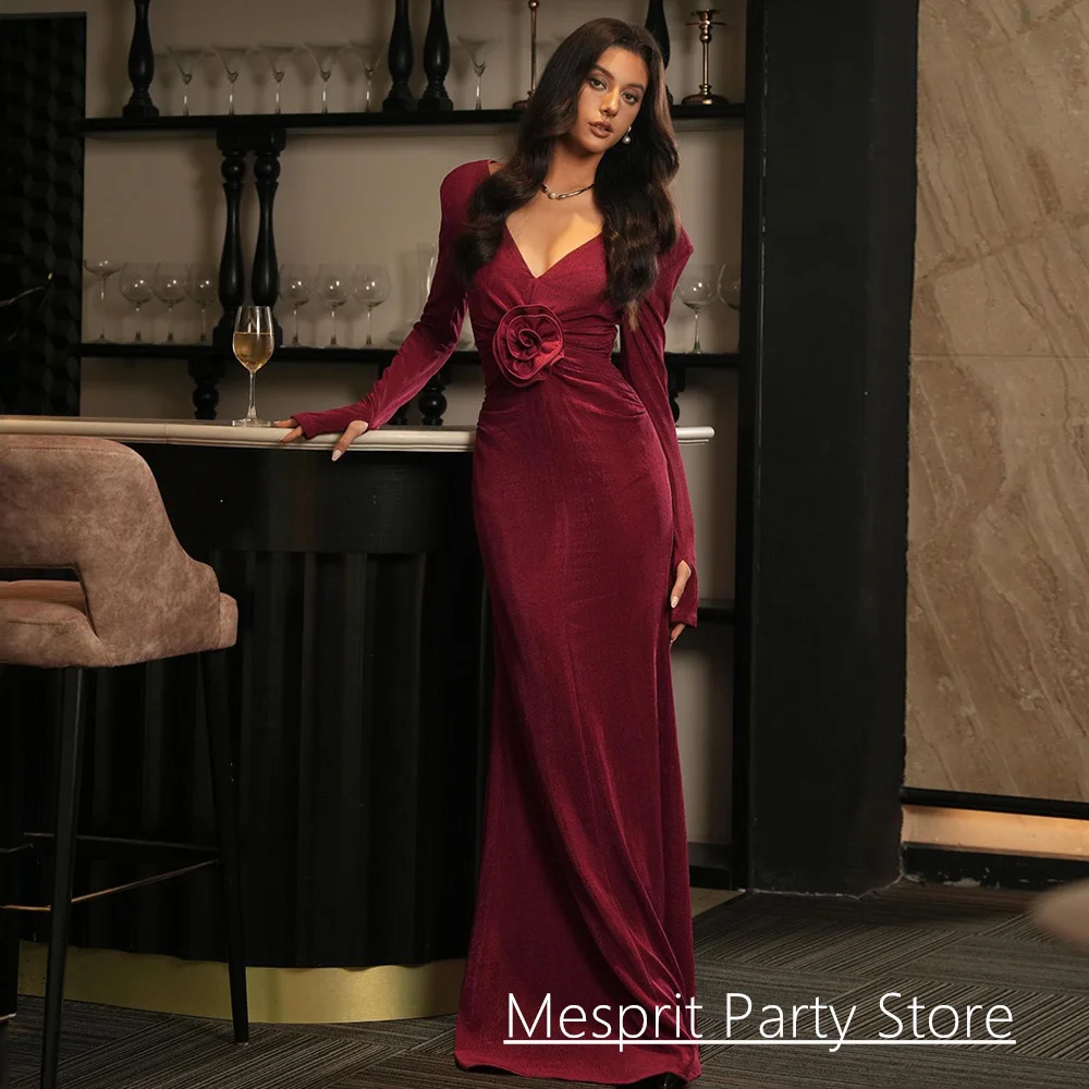 

Simple velour Prom Dress Customized V Neck Long Sleeevs Pleat Waist Flower Sweep Train Backless Mermaid Arabian Evening Gown