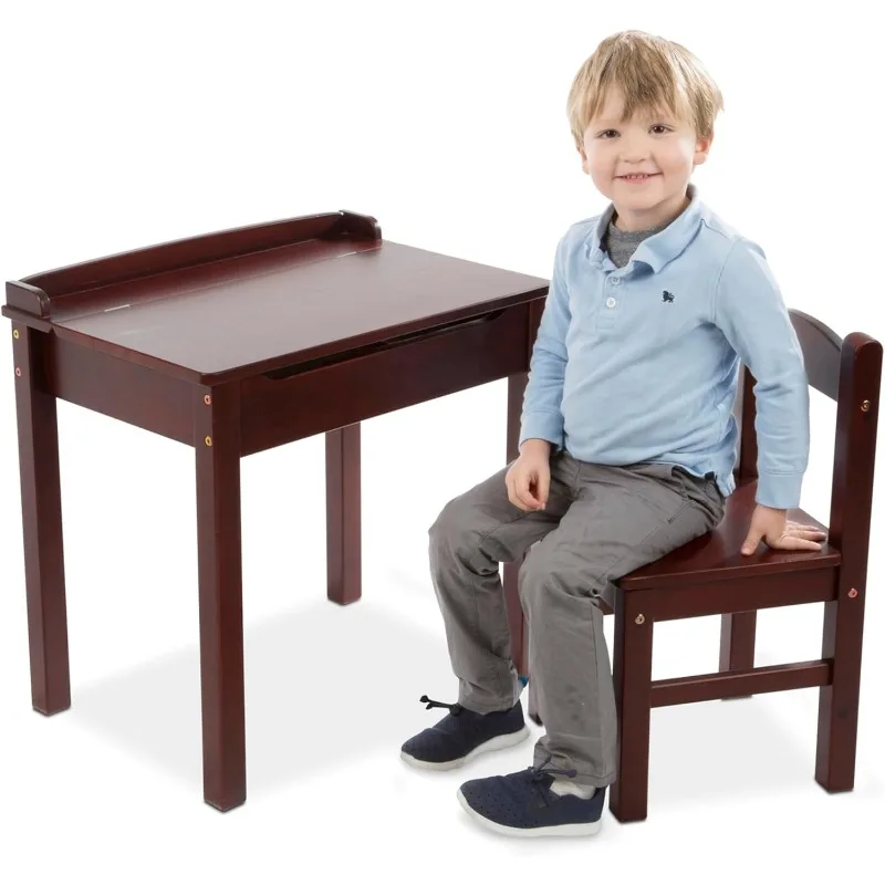 Houten Lift-Top Bureau & Stoel-Espresso-Kindermeubilair, Peuter Bureau En Stoel Set, Activiteit Balie Voor Peuters En Kinderen