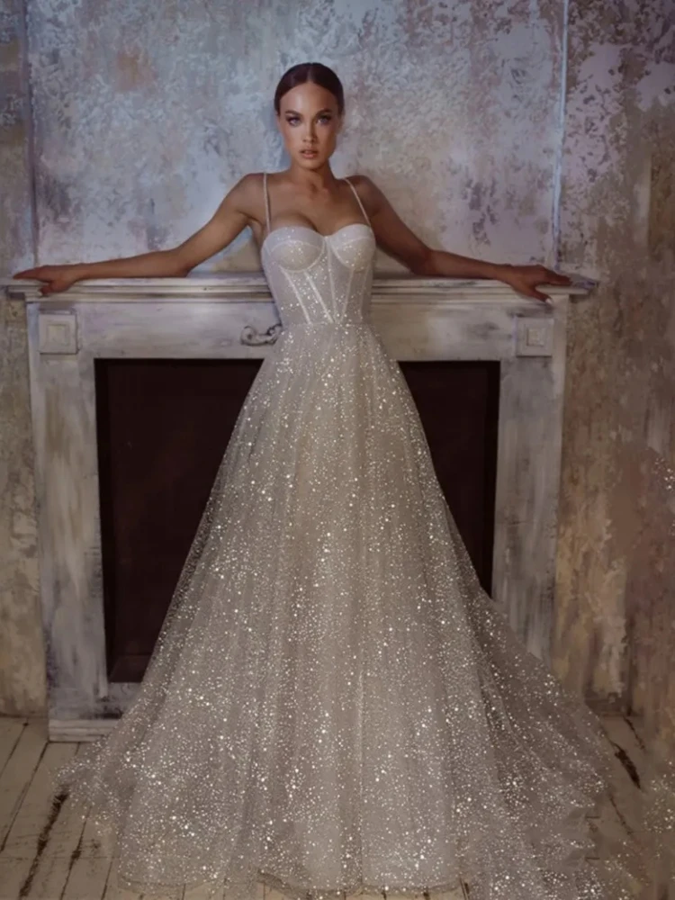 Vestidos de casamento a linha com material Spaghetti Glitter, vestidos de noiva com trem, até o chão, elegante vestido da noiva, 2024