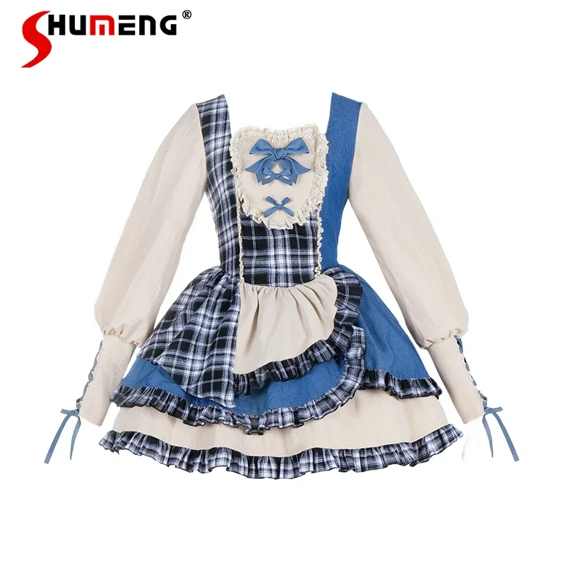 

Sweet Cool Girl Cos Denim Short Dress Square Neck Long Sleeve Bow Plaid Ruffles Splicing High Waist Kawaii Lolita Dress Women