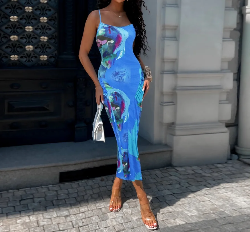 

Women's Sexy Summer Dress 2024 Party Dress Slim Fit Tie Dye Printed Tight Fitting Long Dress Sexy Wrap Buttocks Strap Long Dress