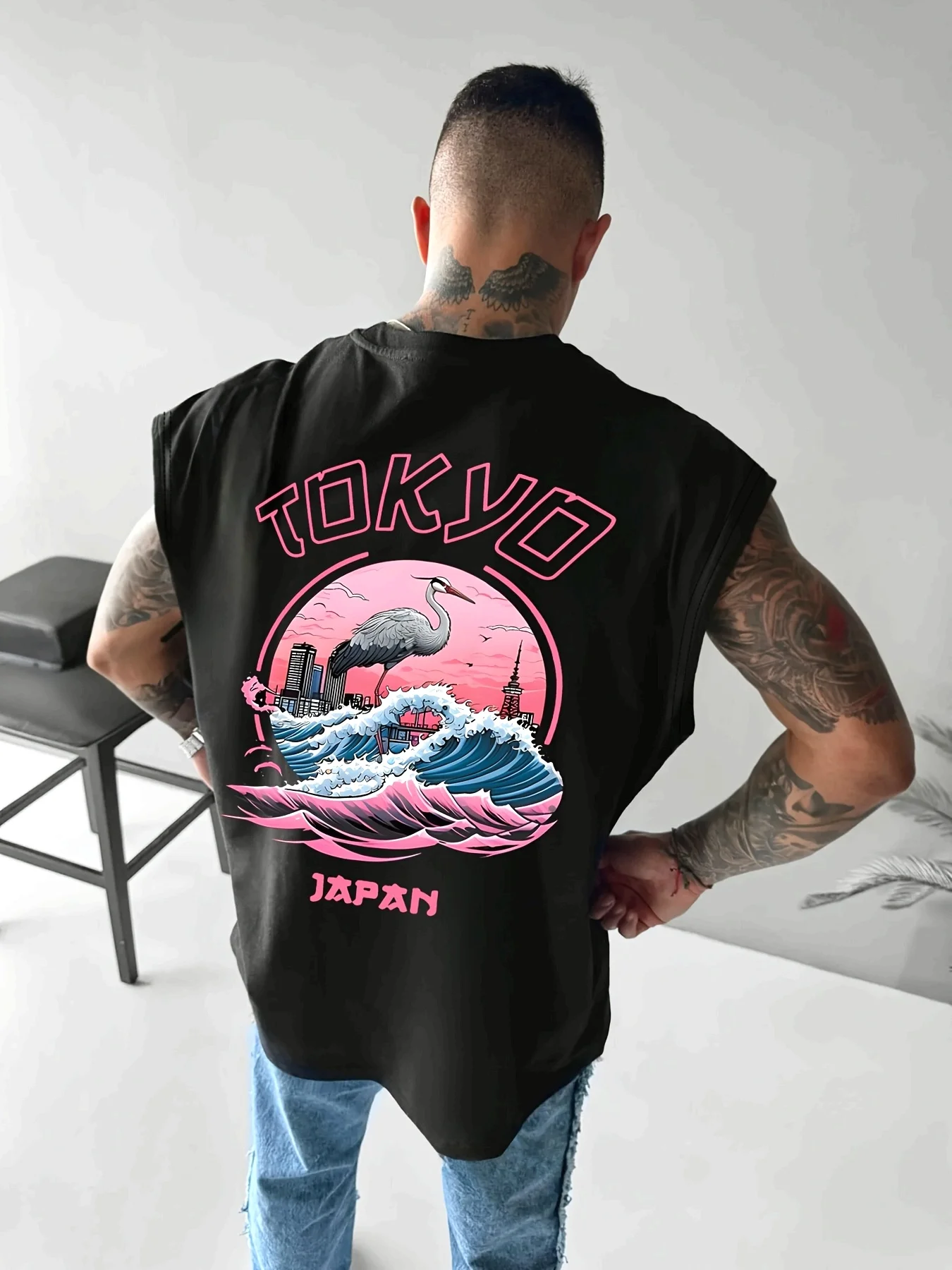 100% Pure Cotton Summer Men's Fashionable Casual Loose Pink Crane Pattern and Japanese Printed Fitness Sports Sleeveless Vest