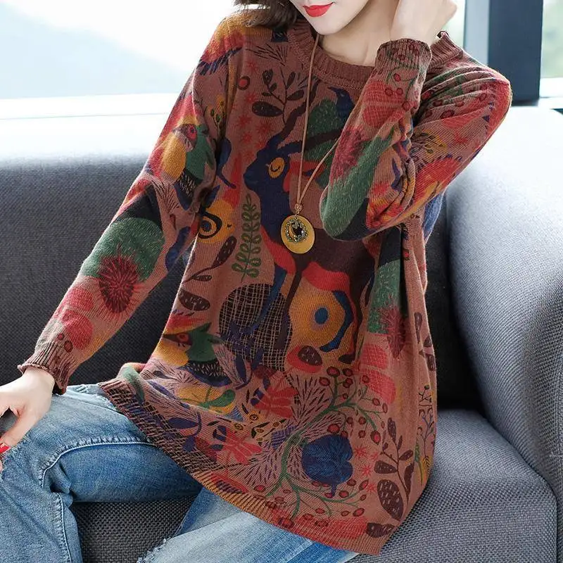 Vintage Printed O-Neck Loose All-match Sweaters Women\'s Clothing 2023 Autumn Winter Oversized Office Lady Pullovers Casual Tops