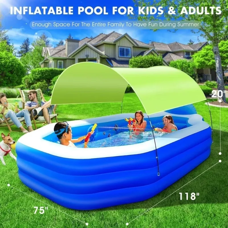 

Inflatable Pool with Canopy,Large Inflatable Swimming Pool,Adult,Blow Up Pools with Seats,Backrest.Durable Thickened118"x75"x20"