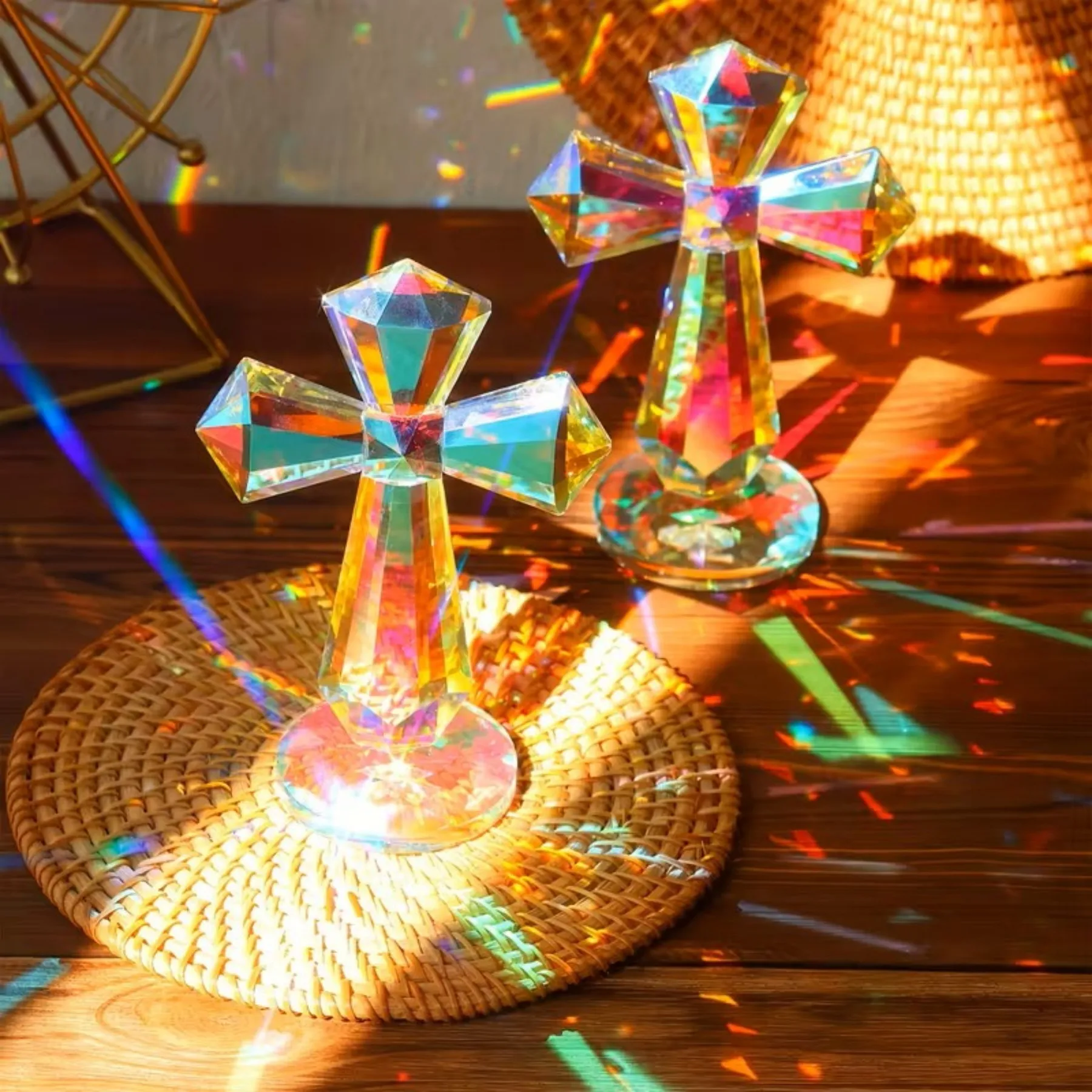 15.49cm Crystal Cross Decoration - AB Color and Transparent, for Wedding & Office Decor, Religious Craft Ornament