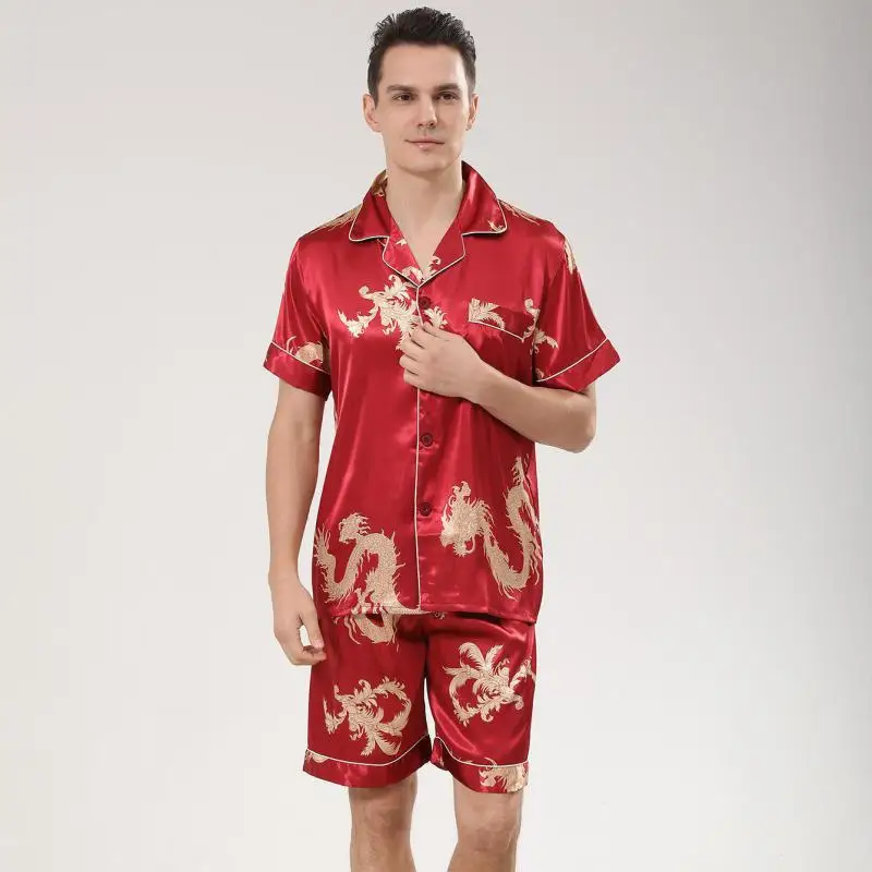 Men Pajamas Suit Print Dragon Sleepwear Satin 2PCS PJS Set Lapel Shirt&Shorts Lounge Wear Summer Button-down Nightwear Lingerie