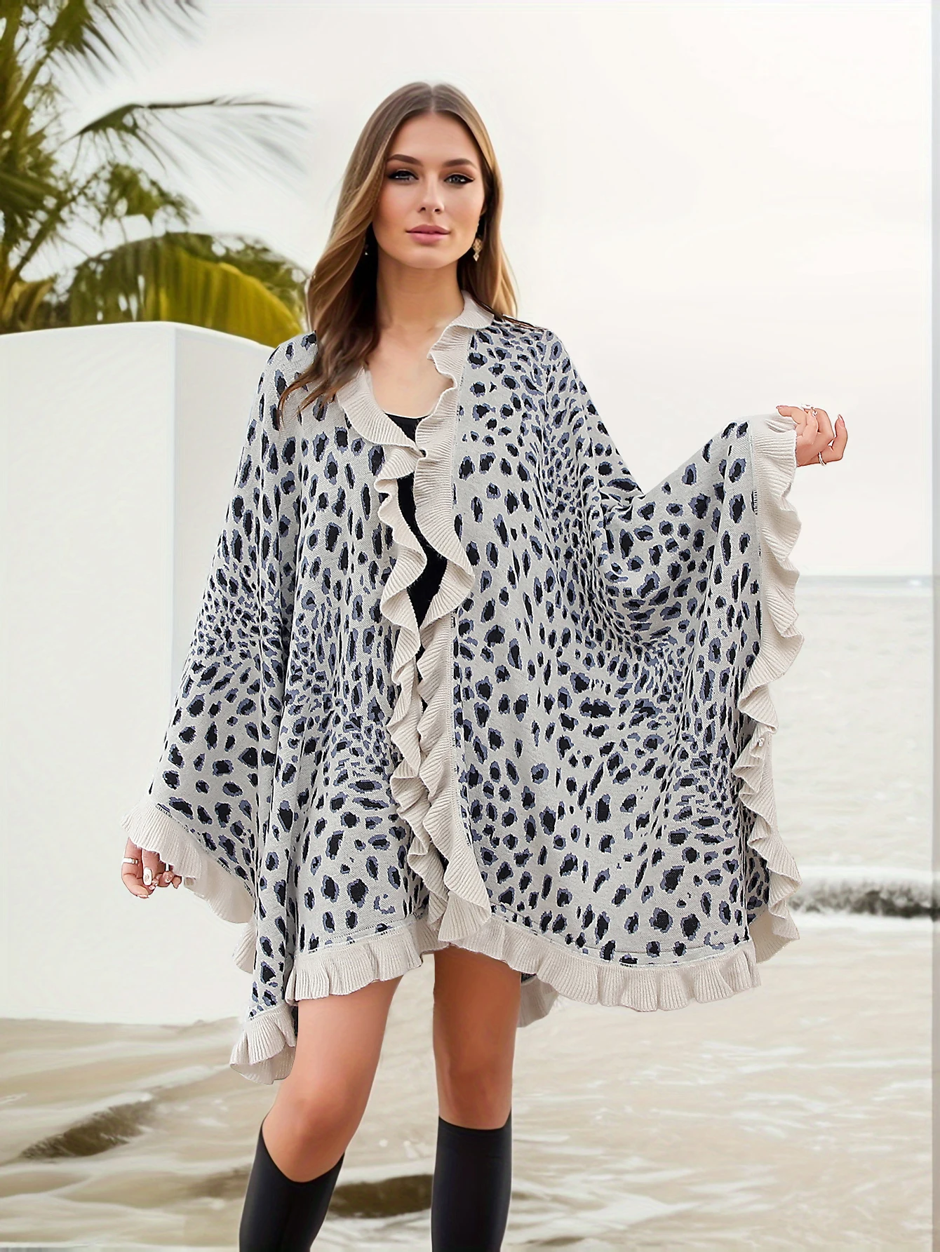 

Женская шаль, разноцветная свободная повседневная накидка с леопардовым принтом и рюшами по краям для защиты от солнца на открытом воздухе, новинка весны и осени