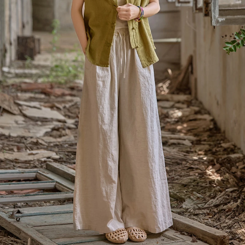 

High Waist Cotton Linen Wide Leg Pants Women New Arrival 2025 Spring Vintage Style Plain Color Loose Female Casual Trousers T607
