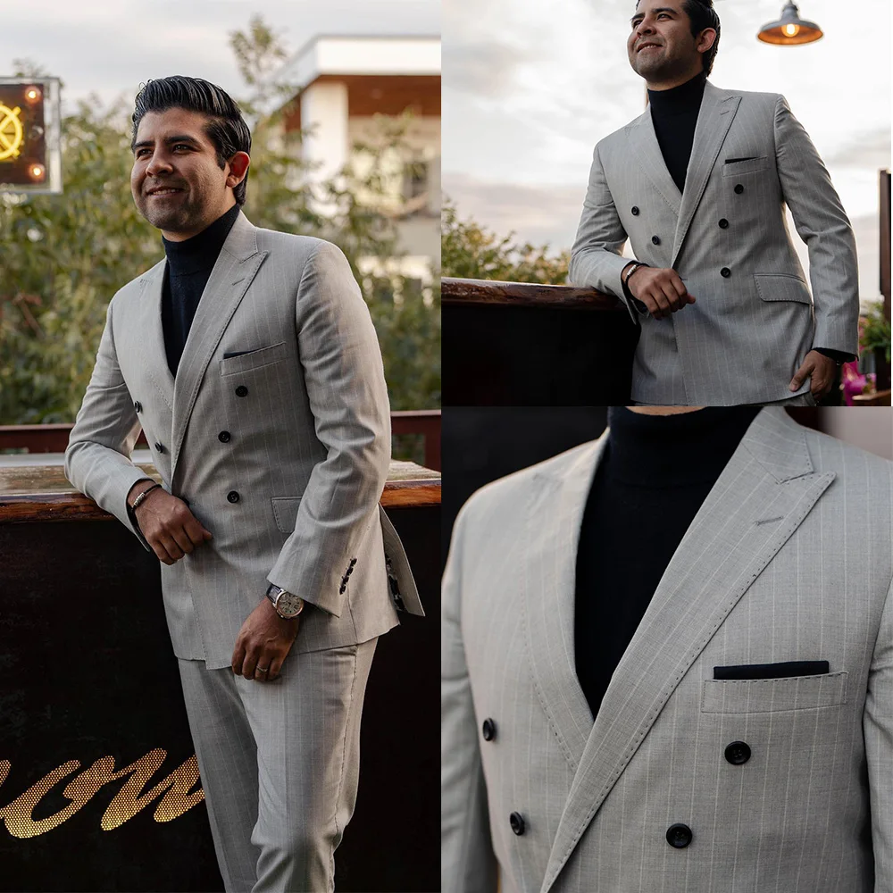 

Современный мужской костюм с остроконечными лацканами, комплект из 2 предметов, пиджак, брюки, двубортный, в полоску, деловая официальная рабочая одежда, свадебный жених, по индивидуальному заказу