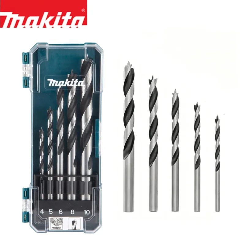 Makita D-72861 Wood Drill Bit Set 5-Piece 4/5/6/8/10mm HSS-Tin Straight Shank High Precision Twists Drill Bit Tool Attachments