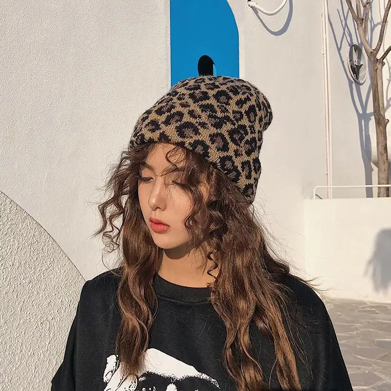 

Leopard Print Woolen Hat Plankton Young Autumn Winter Girl All Vintage Knit Cap Couple Korean Trend Bonnets for Women