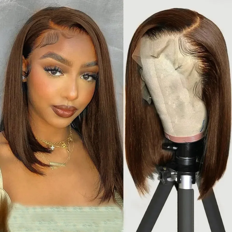 Chocolate Brown 4# Short Bob Wig 13x4 Lace Frontal Wig Human Hair Brazilian Remy Hair Straight Colored Brown Bob Lace Front Wig