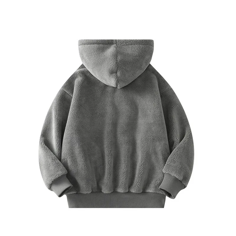 KIDWHXR Men Fleece Jacket Autumn Winter Korean Long Sleeve Man Hooded Outerwear Simple Solid Loose Comfortable Male Sweatshirt