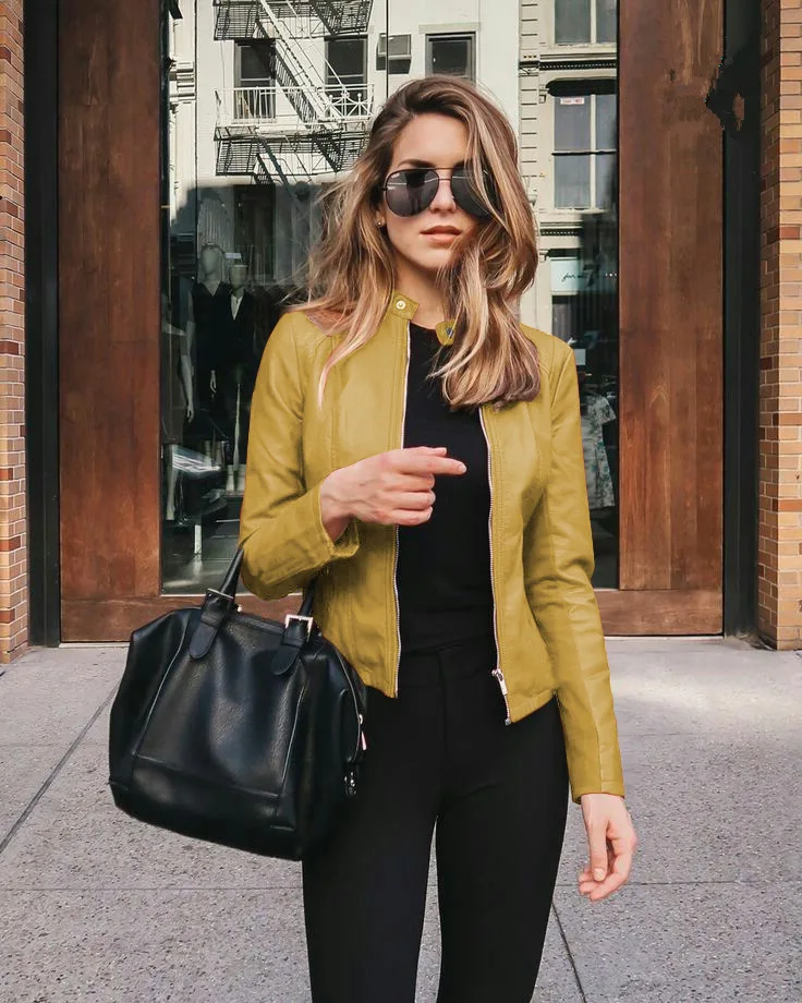 Autumn and Winter Women's Large Size Leather Jacket Fashionable Solid Color Slim Street Elegant Versatile Top PU Suit Jacket