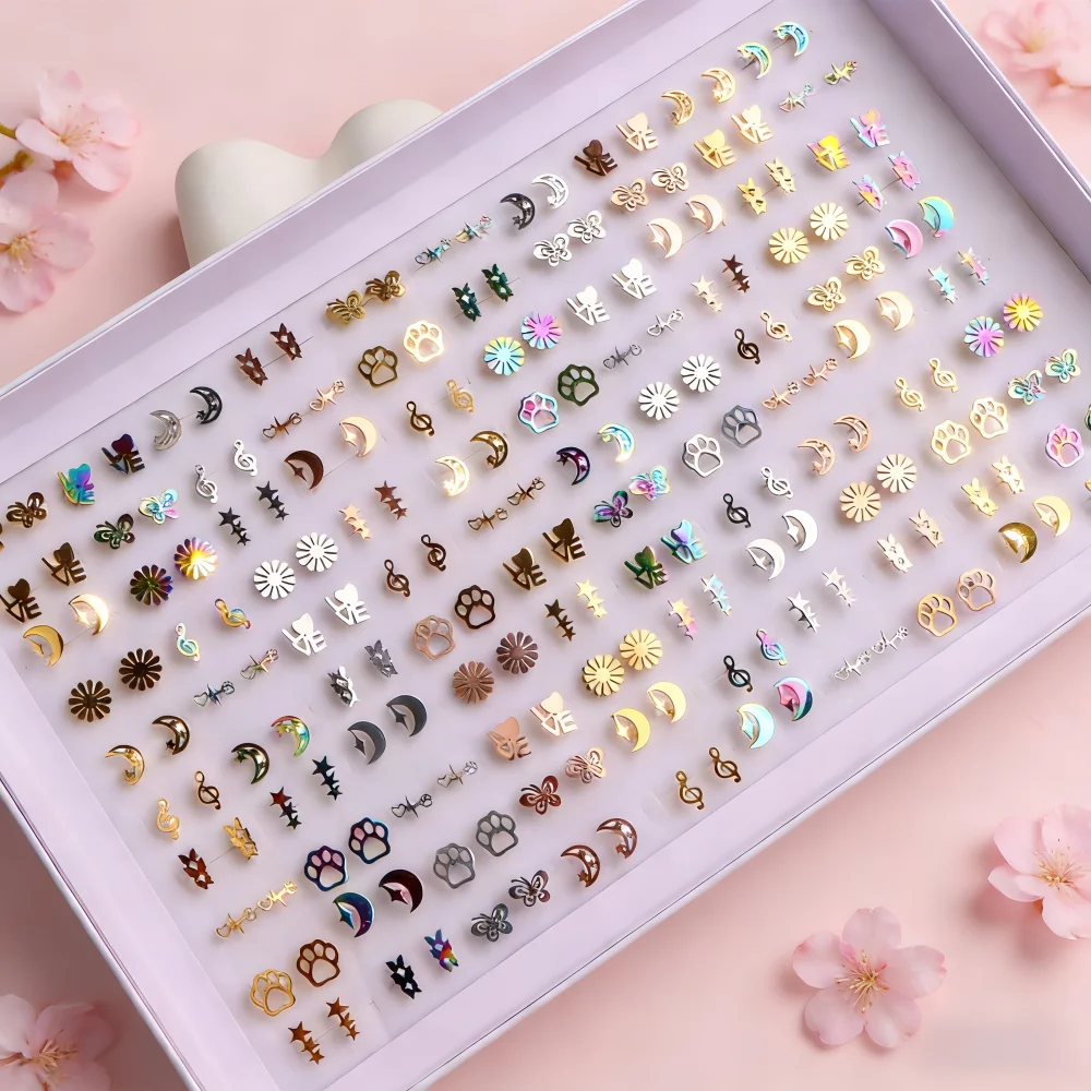 10/20Pairs/Lot Fashion Simple Multicolor Stainless Steel Stud Earrings For Women Mix Style Love Flower Animal Jewelry Party Gift