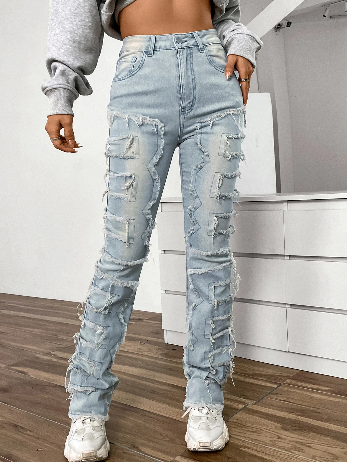 

Ins Fashion Women Jeans Denim Straight Pant Spliced Patchwork High Street Slim Fit Pockets Mid Waist Washing Zipper Slight Srech