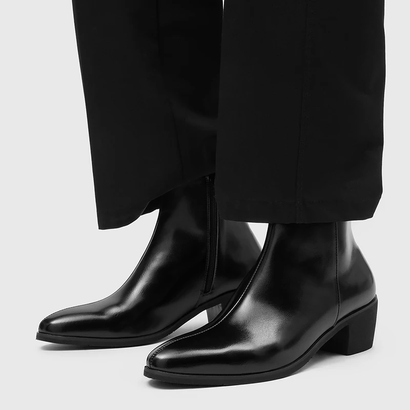 Men Simple and Fashionable High Heels Pointed Side Zipper Anti Slip Breathable Business Leisure Commuting Boots - view 6