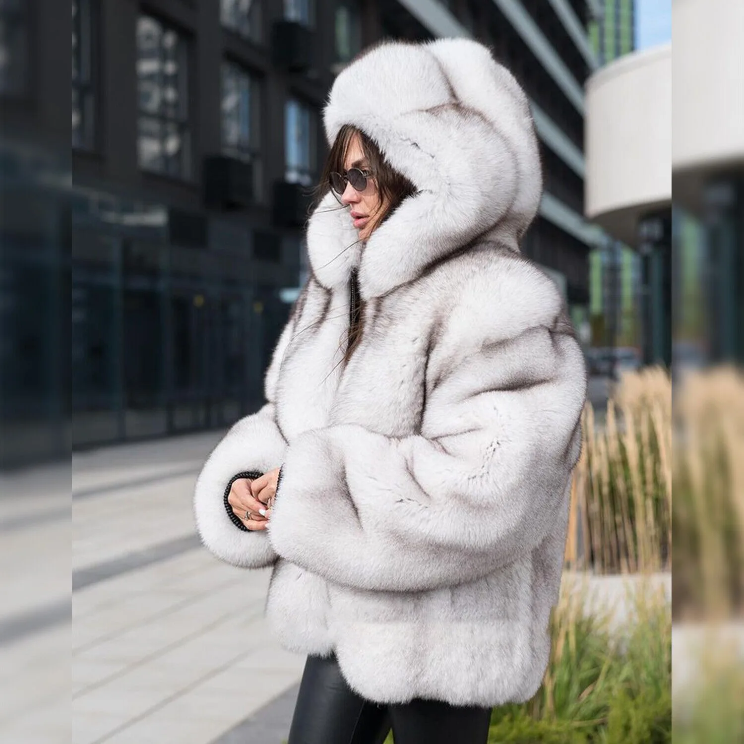 Womens Natural White Real Fox Fur Coat Hooded Bomber Jacket Warm Short Outwear trend odzieży damskiej 2024 Nowość w płaszczach Kurtki