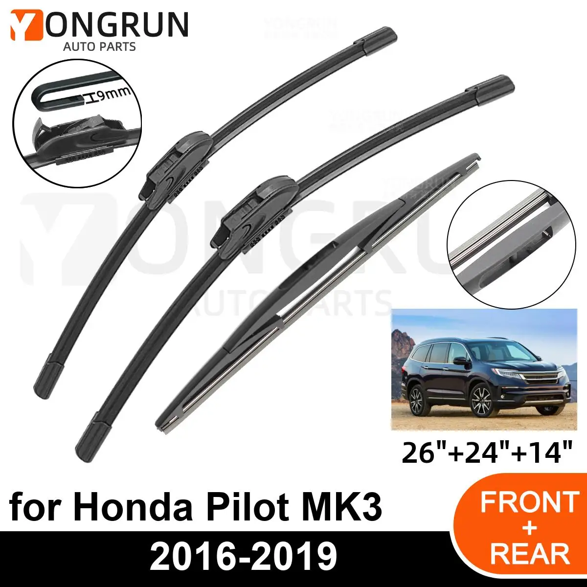 

Автомобильный стеклоочиститель для Honda Pilot MK3 2016-2019, переднее заднее ветровое стекло, всесезонные, прочные аксессуары, 2016, 2017, 2018, 2019, 3 шт.