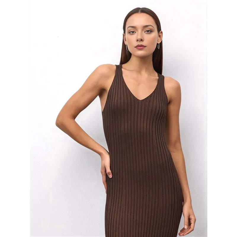 ASDS-Dames 2025, zomer lente, V-hals, gebreide midi-jurk, bodycon, casual, mouwloze geribbelde truijurken