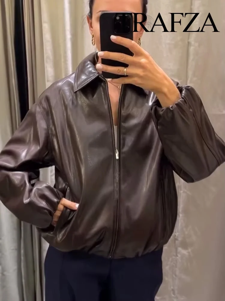 

HH Women's Autumn Vintage New Faux Leather Pilot Lapel Collar Jacket Female Fashion Versatile Zipper Pocket Casual PU Coat