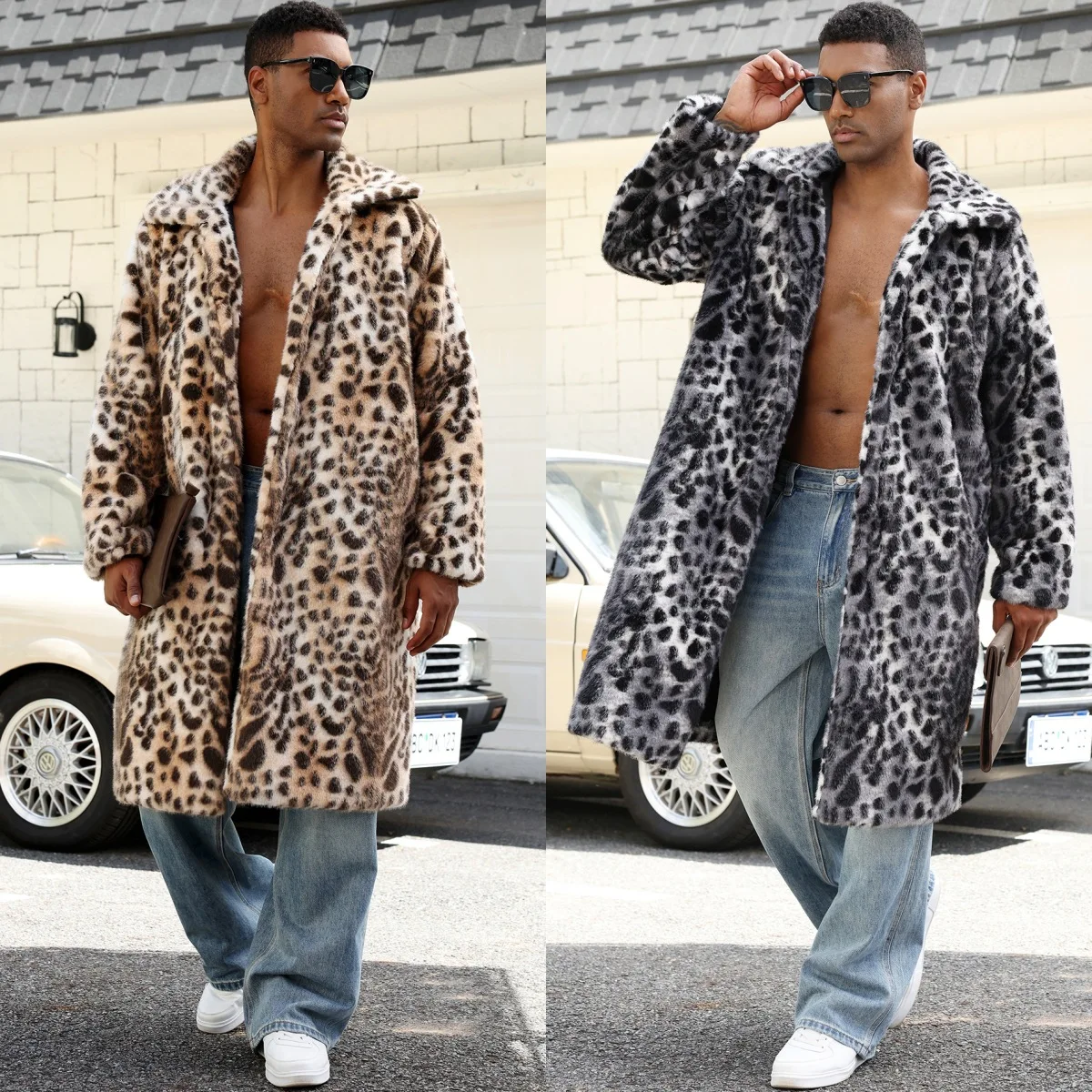 

Новая мужская длинная куртка из искусственного меха с отложным воротником и леопардовым принтом, осень-зима 2026, теплая, модная верхняя одежда