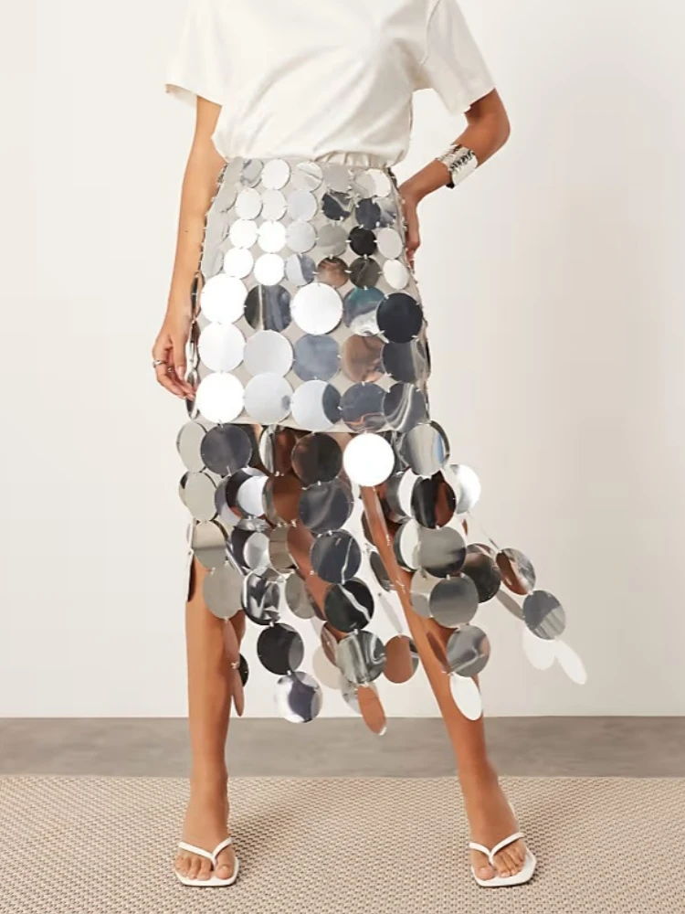 

Women's Sequin Skirt Party Club High Waist Hollow Out Circle Tassel Elegant Casual Straight Skirt Women Clothing