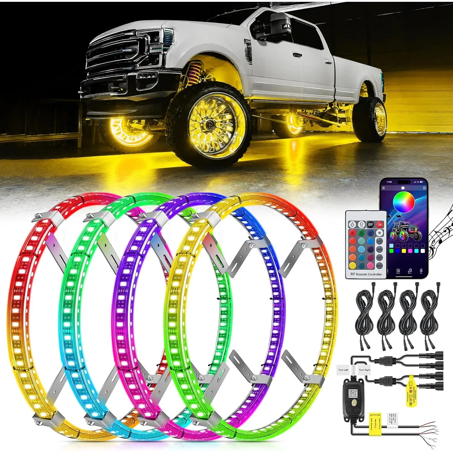 

Nilight 4PCS 15.5' Double Row LED Wheel Ring Lights RGB with APP and Remote Control Neon Lights Dual Row for Car Van SUV Truck