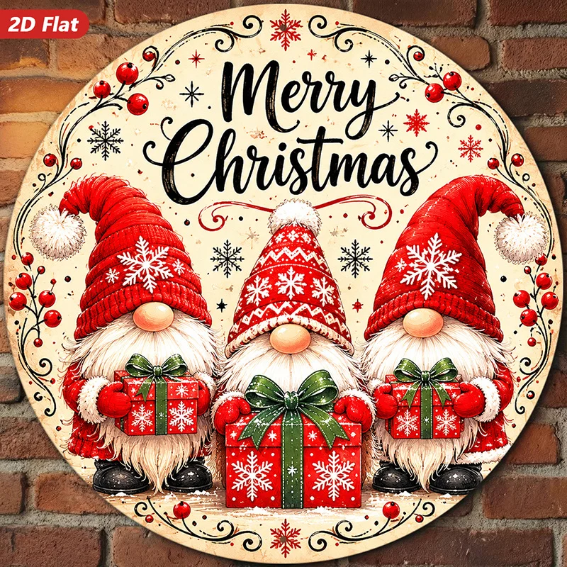 2D Flat, 1pc Round Metal Sign Wall Art, Christmas Home Decor, Gnome Pattern, Festive Design, Red - White Color Scheme, for Livin