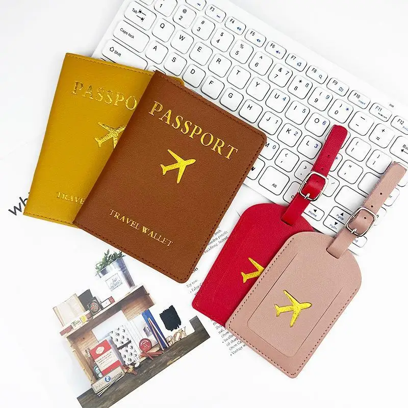 2Pcs/Set PU Travel Passport Cover Luggage Tag Suitcase Identifier Label Baggage Boarding Bag Tag Name ID Address Passport Holde