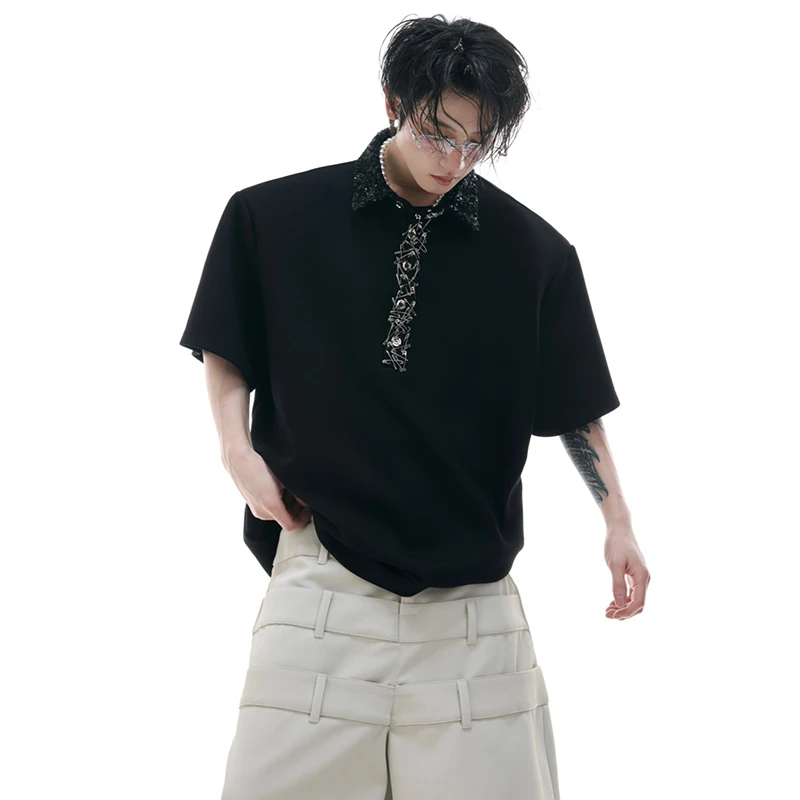 LUZHEN Original Personalized Patchwork Decorate Neck Shoulder Pad Short Sleeve Tops Men Trendy 2025 Summer Plain T-shirts JY1714
