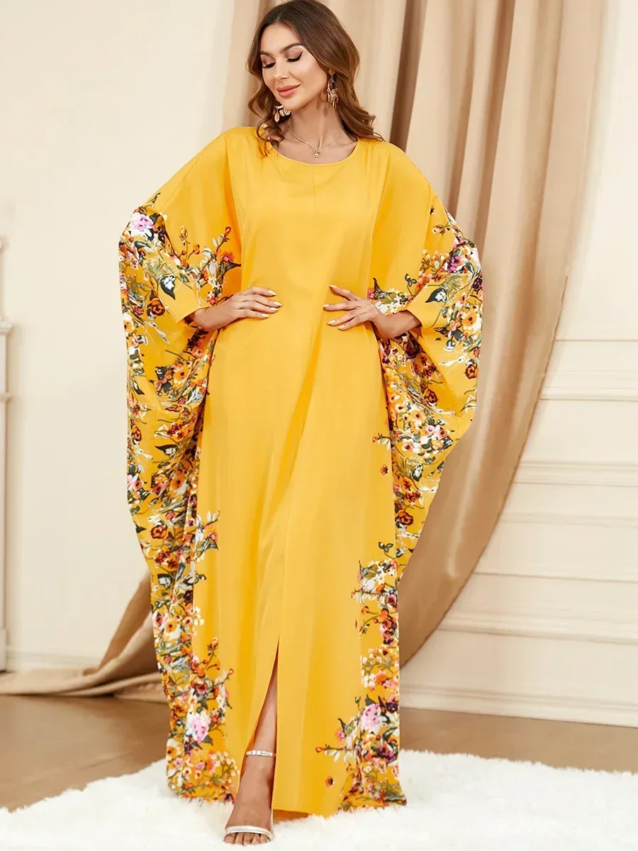 Robe Abaya musulmane jaune à manches chauve-souris pour femmes, robe décontractée, caftan marocain, mode Dubaï, grande taille