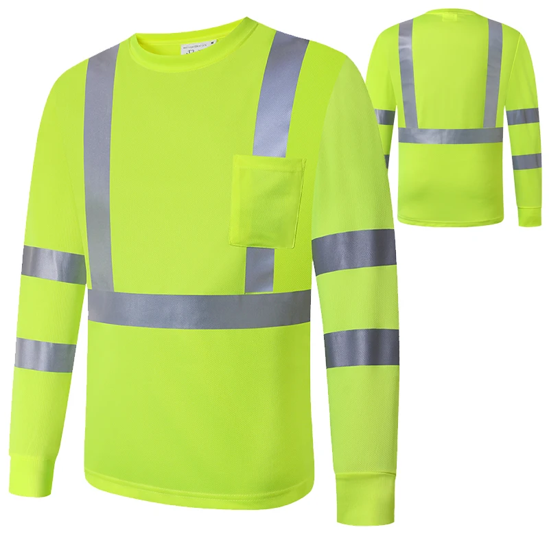 Fluorescent Yellow High Visibility Shirt Reflective Safety t-Shirt Long Sleeve Hi Vis Shirt Quick Dry Construction Work Wear 5XL