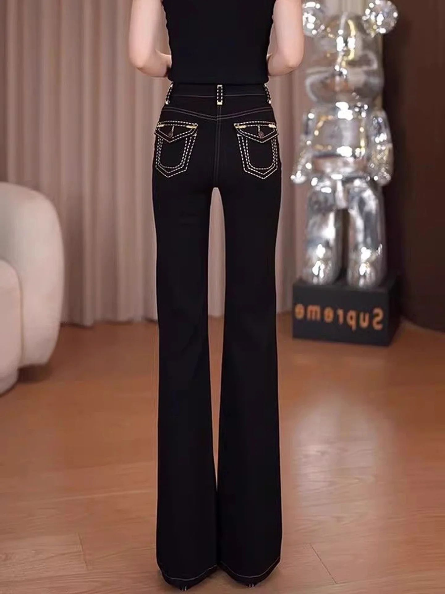 Slimming High Waist Bell Bottom Jeans Women's Stretchy Versatile Fall 2026 New Style American Style Denim Pure Color Daily Wear