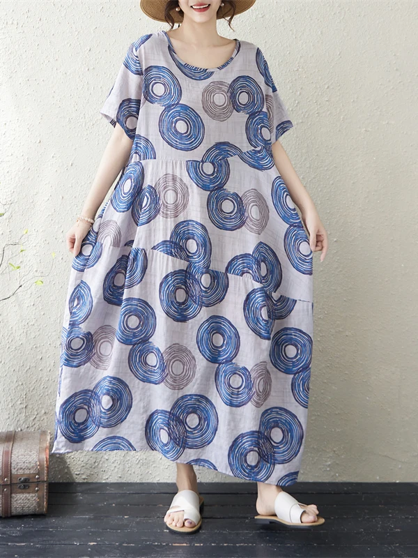 

Summer Cotton Linen Long Dress round Neck Print Korea Japan Style Travel Irregular High Waist Lantern Skirt Women's Dress