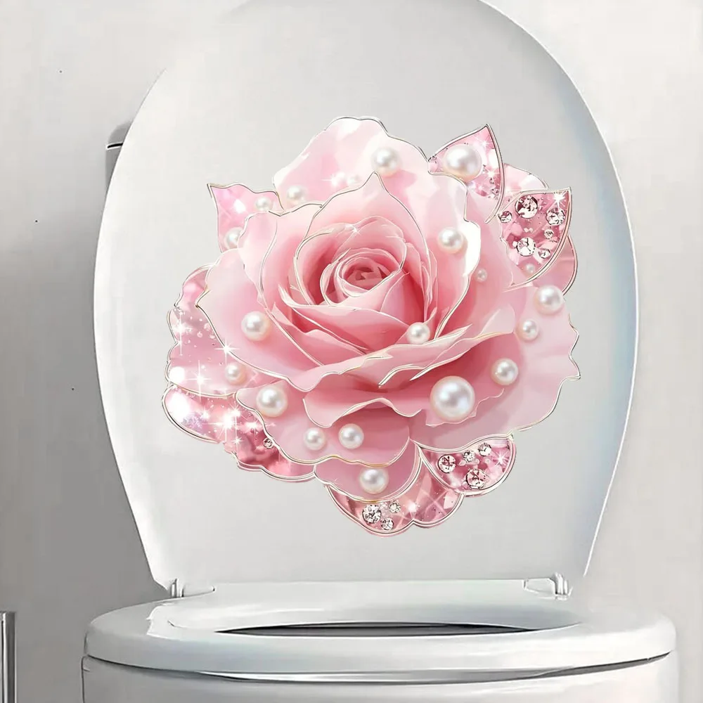 

Pink Floral Vinyl Sticker with Pearl Embellishments Suitable for Toilet Lid, Bathroom Decor Aesthetic Room Decoration