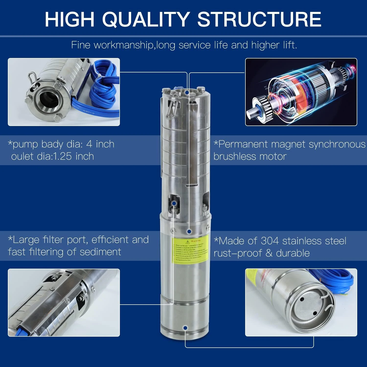 4‘’ Stainless Steel High Quality Capacity BLDC Farm Solar Water Pump DC/AC Hybrid Solar Submersible Centrifugal Bore Well Pump