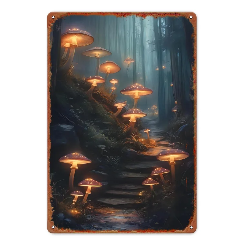 2D Flaches 12x8 Zoll Retro Magischer Wald Pilz Metallschild Leuchtend Fluoreszierendes Pilz-Metallschild Wetterfest Innen- und Außendekoration für Zuhause und Bar