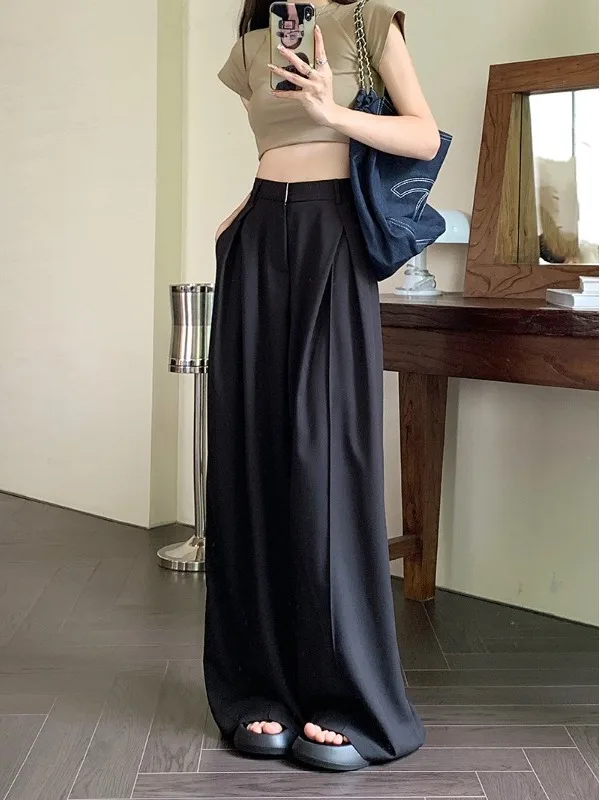

High Waist Wide Leg Pants Women's Black Slimming Floor Length Minimalist Drapey Commute Style Teenage Suit Trousers
