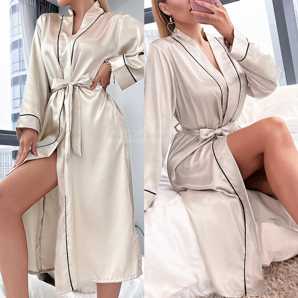 Long Bathrobes Summer Long Robe V-Neck Loungewear Women Sleepwear Rayon Kimono Dressing Gown Long Sleeve Nightgown Lingerie