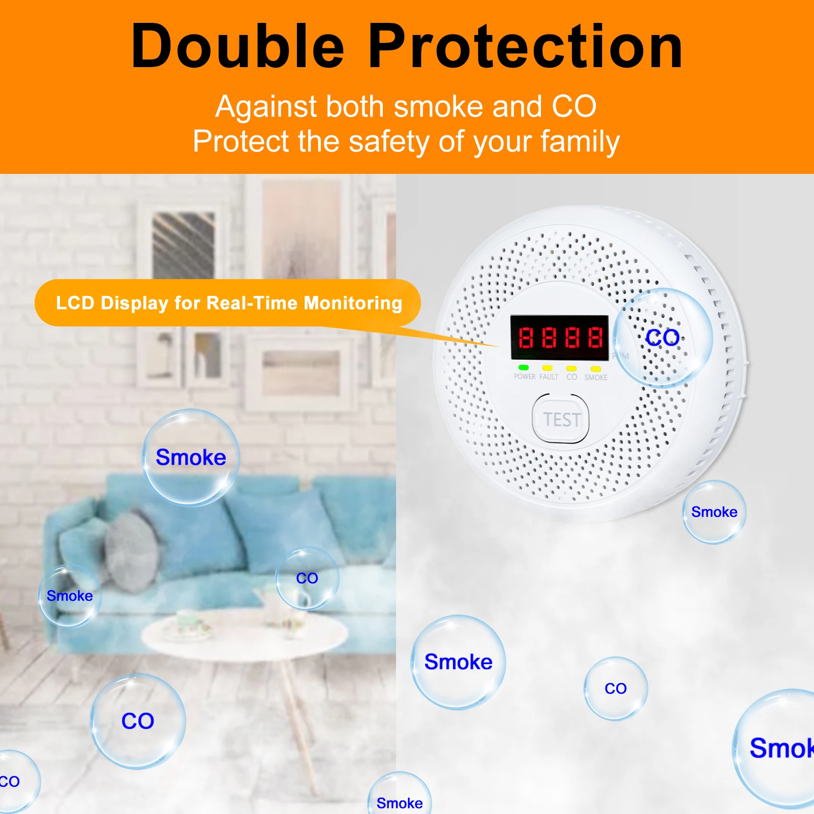 2 in 1 Carbon Monoxide Detectors, Natural Gas Detector & Smoke Detector with Dual Alarm  Propane CO Detector in (Temp & Humidity