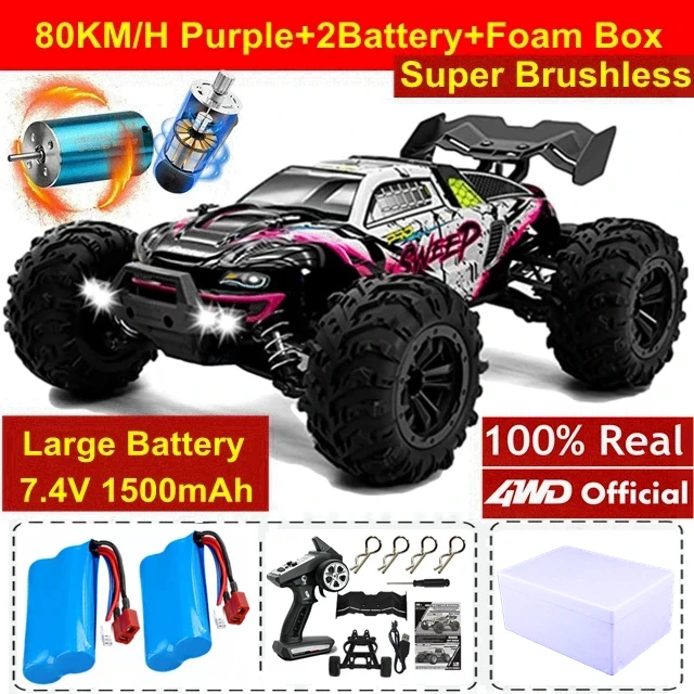 1:16 80 km/u borstelloze RC Drift auto met LED-verlichting 4WD elektrische hoge snelheid Racing afstandsbediening Monster Truck voor kinderen volwassenen