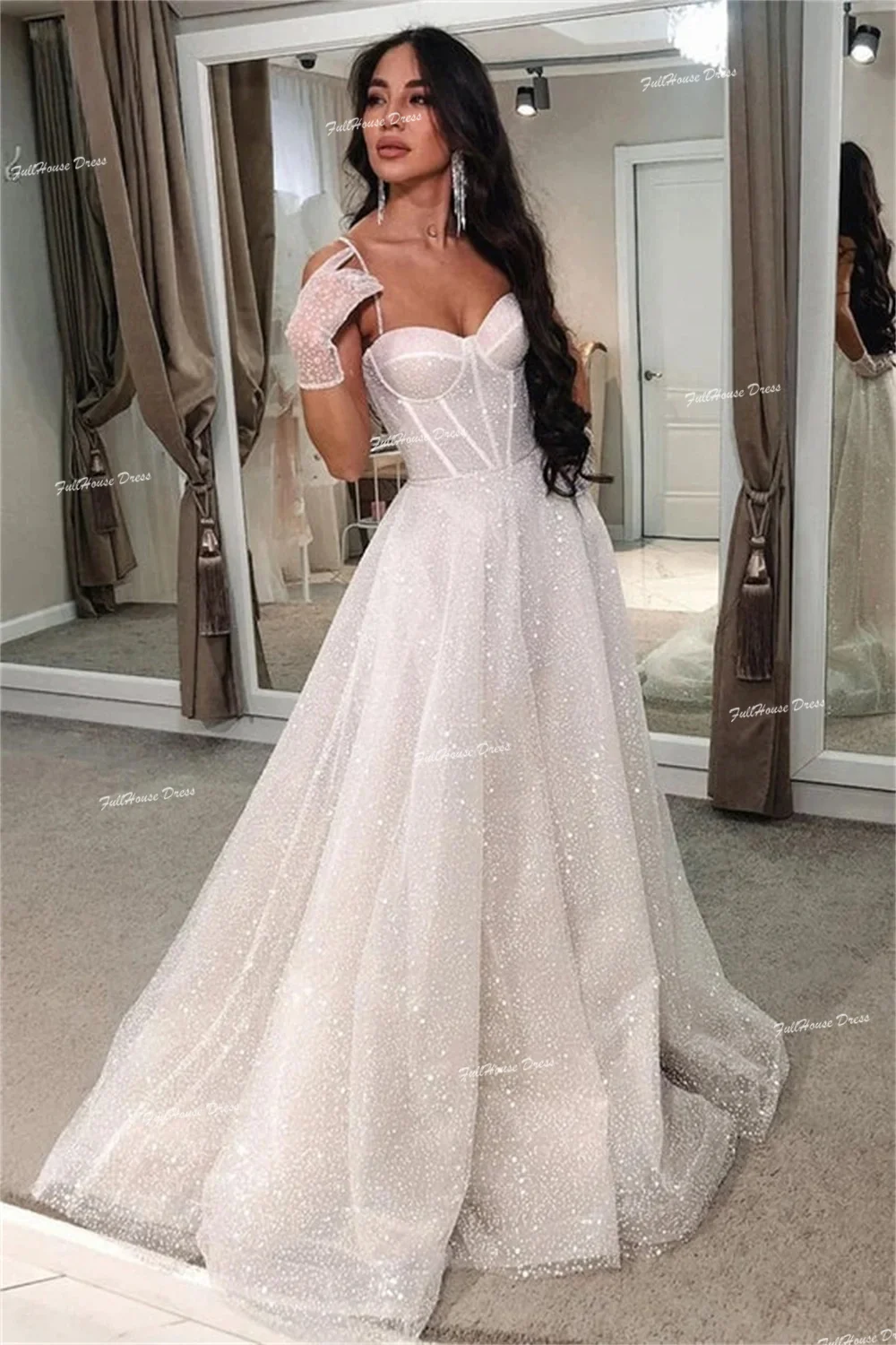 Customized Shiny Sequins Sweetheart Collar Pockets Wedding Dress A-line Lace up Back Floor Length Bridal Dress with Court 2026