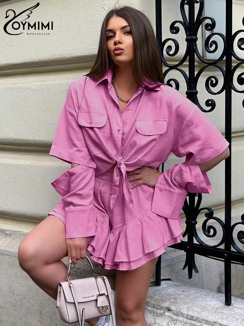 Oymimi Elegant Dark Pink Cotton Two Piece Set For Women Fashion Long Sleeve Hollow Out Shirts And Cascading Ruffled Shorts Sets