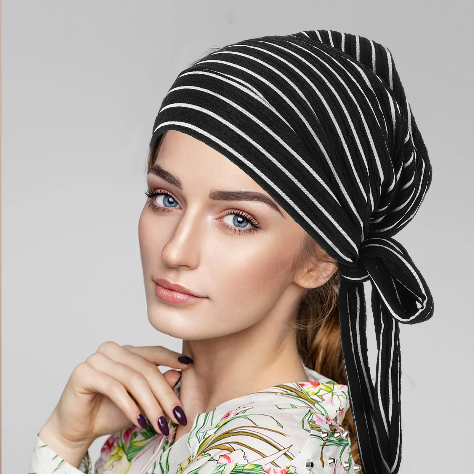 

Soft Long Tail Headscarf Cap For Women Chemo Hats Stretch Beanie Bonnet Comfortable Lightweight Universal Fit Striped Design