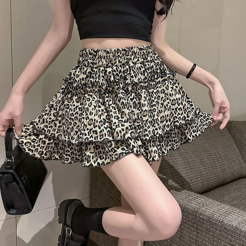 High Waist Sexy Leopard Skirt Women 2025 Summer Elastic Waisted Pleated A Line Skirts Woman Korean Ruffles Mini Skirts Female