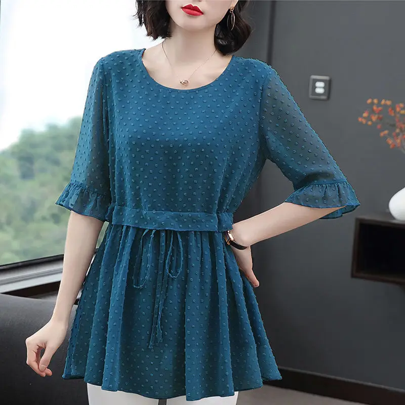 Summer New Female Clothing Round Neck Blouses Solid Color Half Sleeve Tops Women Frenulum Bow Flare Sleeve Fashion Chiffon Shirt